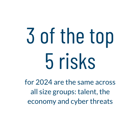 3 of the top 5 risks for 2024 are the same across all size groups: talent, the economy and cyber threats.