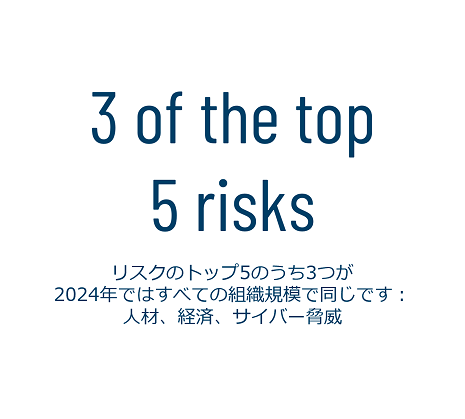 リスクのトップ5のうち3つが2024年ではすべての組織規模で同じです：人材、経済、サイバー脅威(